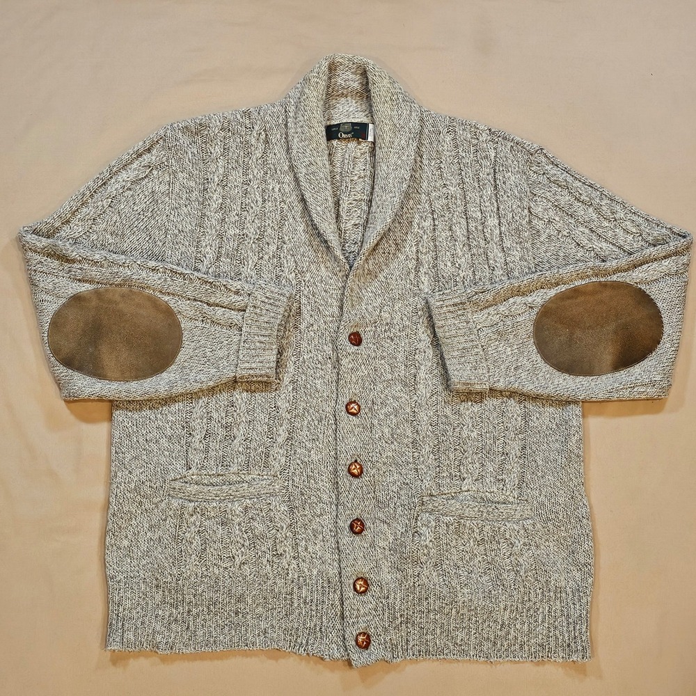 Orvis Mens L Wool Blend Cable Knit Shawl Collar Cardigan Sweater Elbow Patches